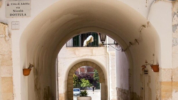 Un pasaje arqueado con suelo adoquinado, que conduce a una calle con una maceta y un edificio al fondo.
