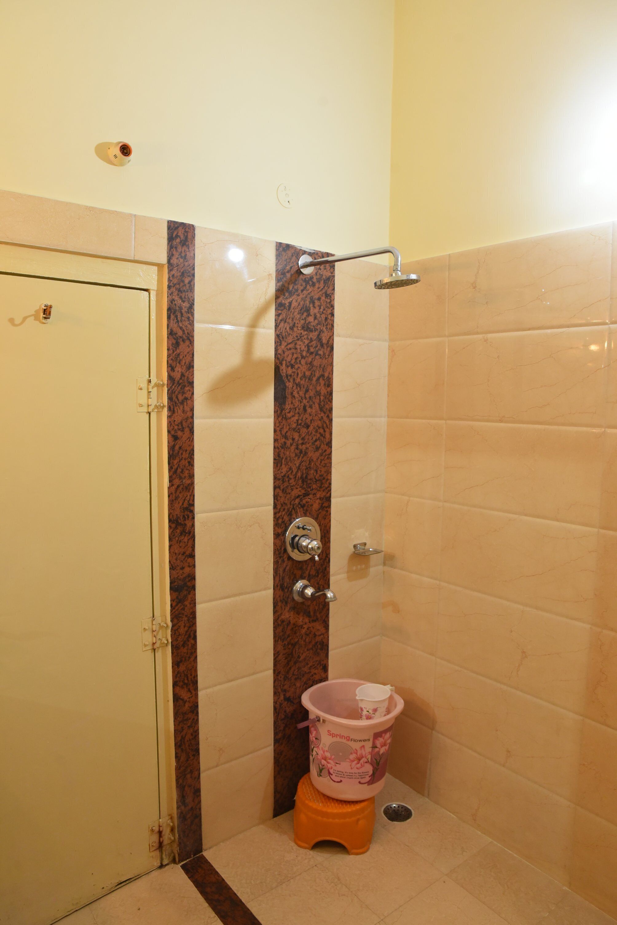 A bathroom with a shower, a toilet, and a door.