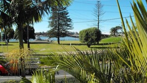 Un parque con un lago, árboles y una carretera.