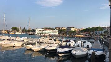 Un puerto deportivo con varias embarcaciones amarradas, un gran ferry y edificios al fondo.