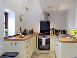 Oven, high chair, cookware/dishes/utensils, freezer