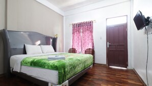 Een kamer met een bed, een houten vloer, een deur en een aan de muur bevestigde televisie.