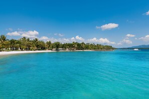 A beach with clear turquoise water, palm trees, and a boat in the distance. - Dusit Thani Lubi Plantation Resort (Mabini)