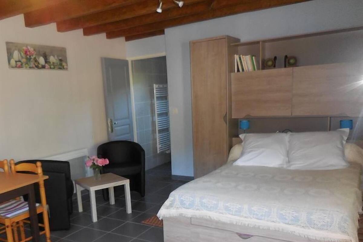 A bedroom with a bed, a desk, a chair, and a wardrobe.