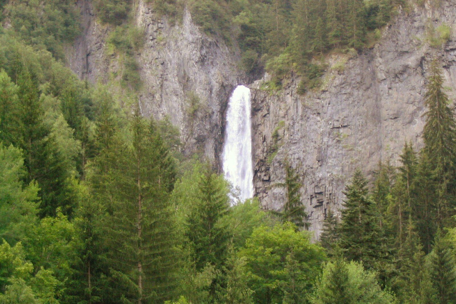 A waterfall surrounded by dense forest.
