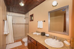 Un baño con ducha, inodoro, lavabo y espejo.