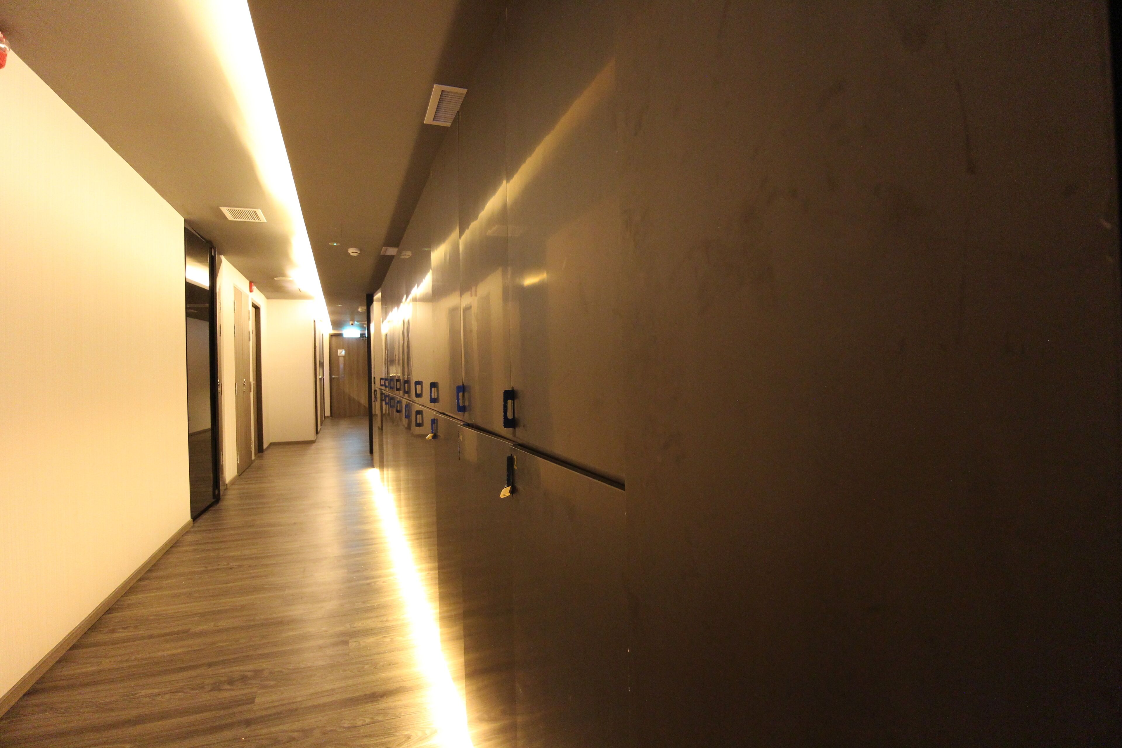 A long, narrow hallway with wooden flooring and a series of doors on one side.