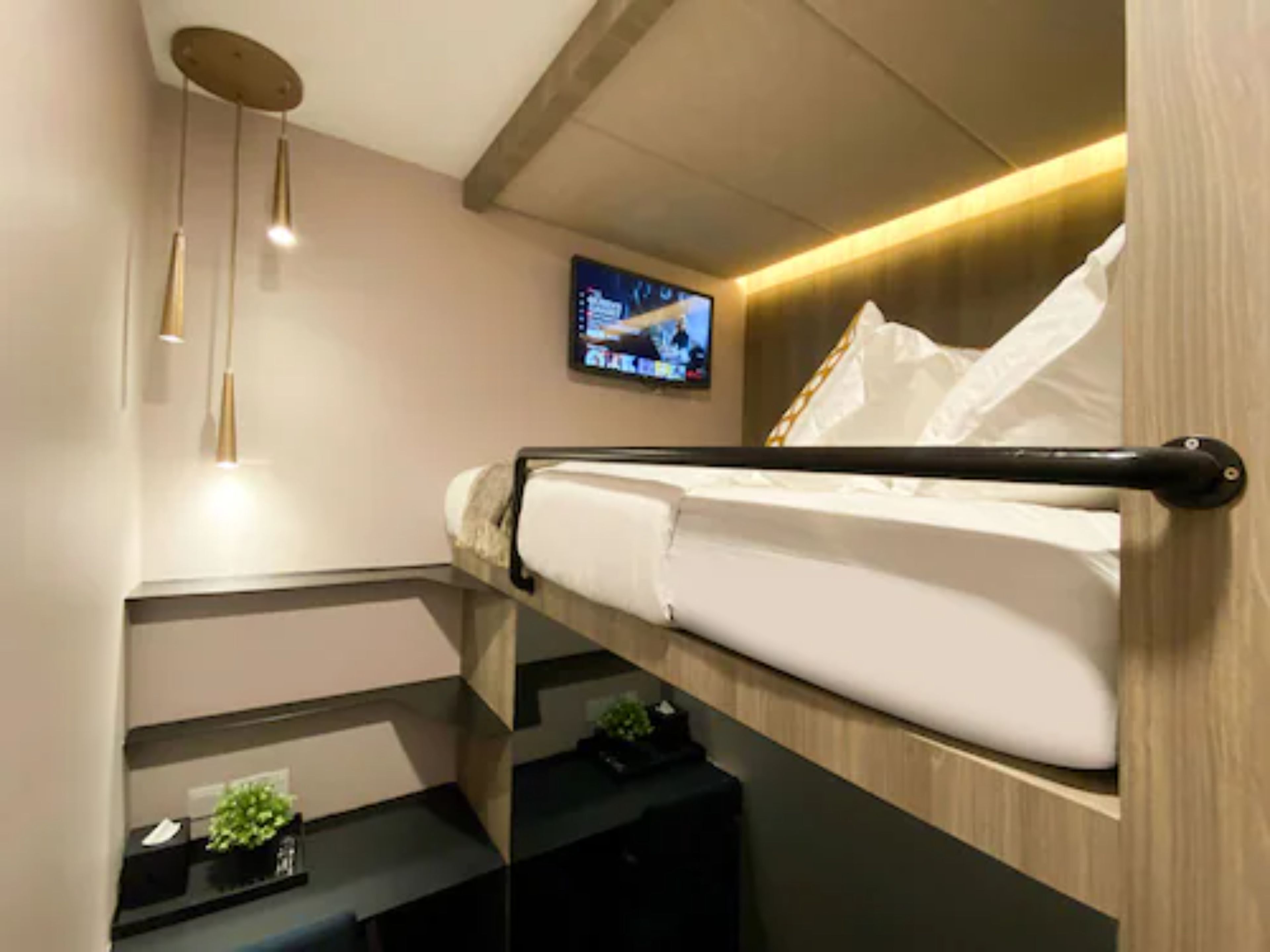 A modern hotel room with a bunk bed, a flat-screen TV mounted on the wall, and a small table with a plant.