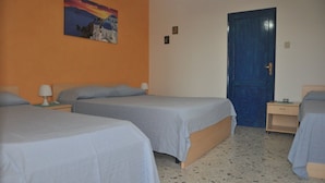 Una habitación con dos camas, una puerta azul y un cuadro en la pared.