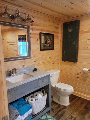 Bathtub, hair dryer, towels, toilet paper