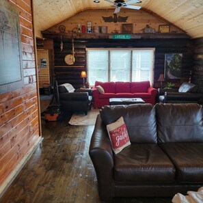 Smart TV, fireplace, foosball, books