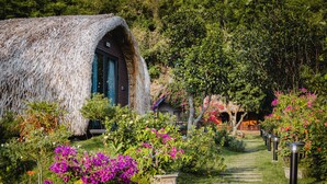 A thatched-roof structure with a garden path leading to a wooden door. - Green Homestay (Hai Phong)