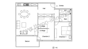 A floor plan of a hotel with a balcony, a dining area, two bedrooms, a bathroom, and a kitchen. - Nice flat to rent in les Collons (Thyon-Les Collons)