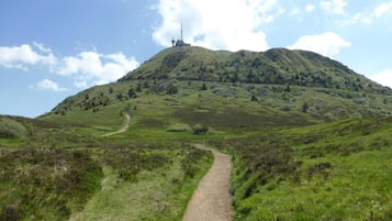 A dirt path leading up a grassy hill with a structure on top.