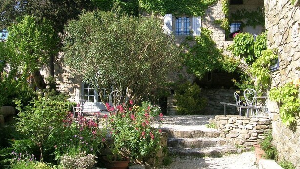 A stone building with ivy-covered walls, a garden with potted plants and flowers, and a stone staircase leading to a door. - Charming accommodation in a large 16th century building with swimming pool and garden (Vesseaux)