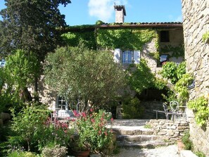 A stone building with ivy-covered walls, a garden with potted plants and flowers, and a stone staircase leading to a door.