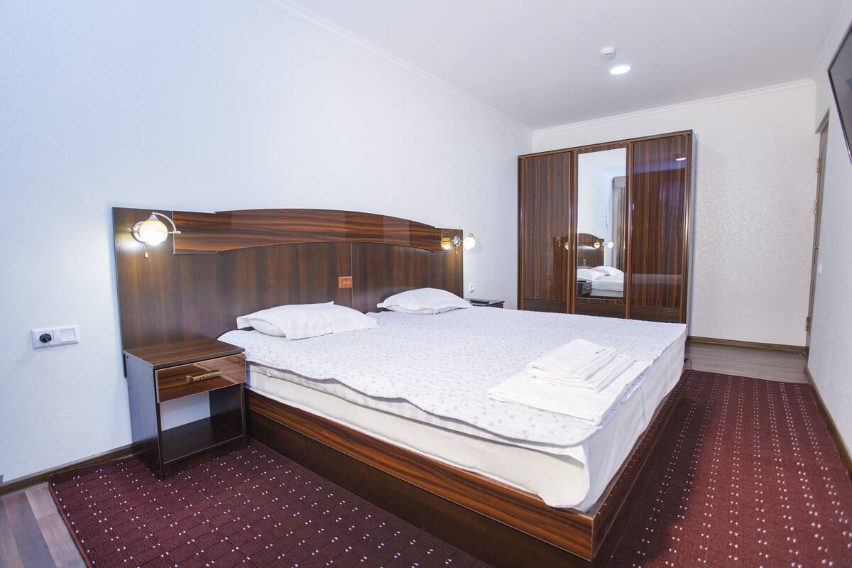 A neatly made bed with a wooden headboard, a bedside table with a lamp, and a wardrobe with a mirror.