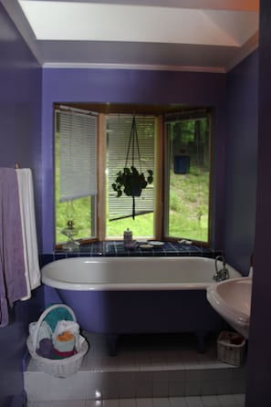 Bathroom with skylight, claw-foot tub, and bay window (and blinds). 