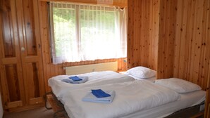 A wooden cabin room with two beds, a window with curtains, and a wooden door. - Nice renoveted flat for rent in Les Collons (Thyon-Les Collons)