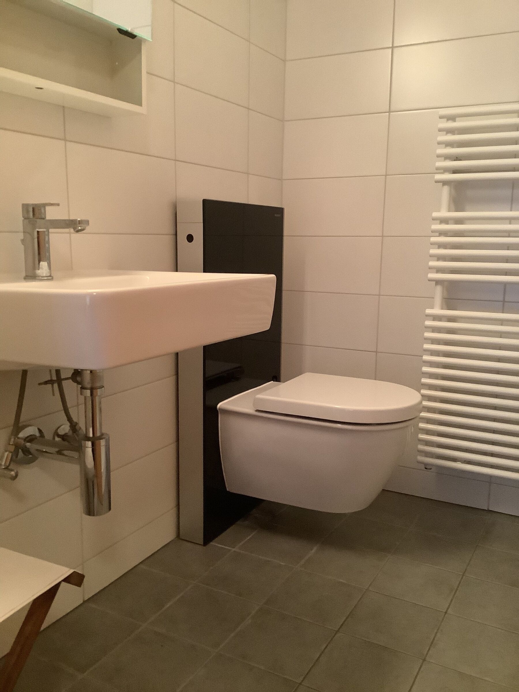 A modern bathroom with a white sink, black toilet, and a towel rack.