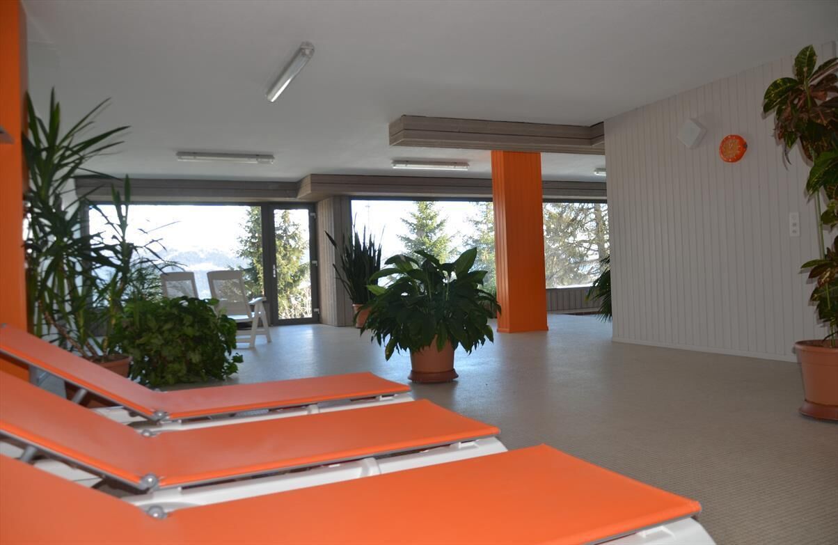 Um espaço amplo e interno com poltronas confortáveis laranja, plantas em vasos e grandes janelas que proporcionam luz natural.