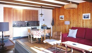 Un salon chaleureux avec un canapé rouge, une table à manger en bois avec des chaises, un coin cuisine doté de meubles en bois et un luminaire suspendu.