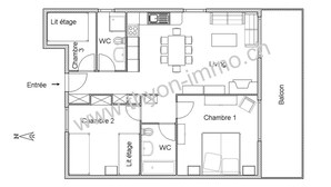 A floor plan of a hotel with two bedrooms, two bathrooms, a kitchen, a living area, and a balcony.