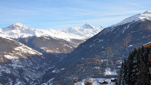 Paisaje montañoso con picos nevados y un valle.