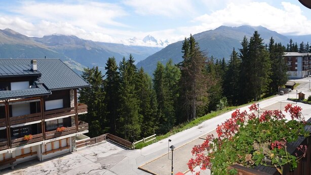 A mountain lodge with a view of snow-capped peaks, surrounded by evergreen trees. - Nice studio for rent in les Collons (Thyon-Les Collons)