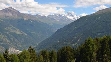 Un paysage montagneux comprenant une vallée et des zones boisées.