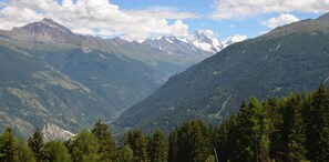 Un paysage montagneux comprenant une vallée et des zones boisées.