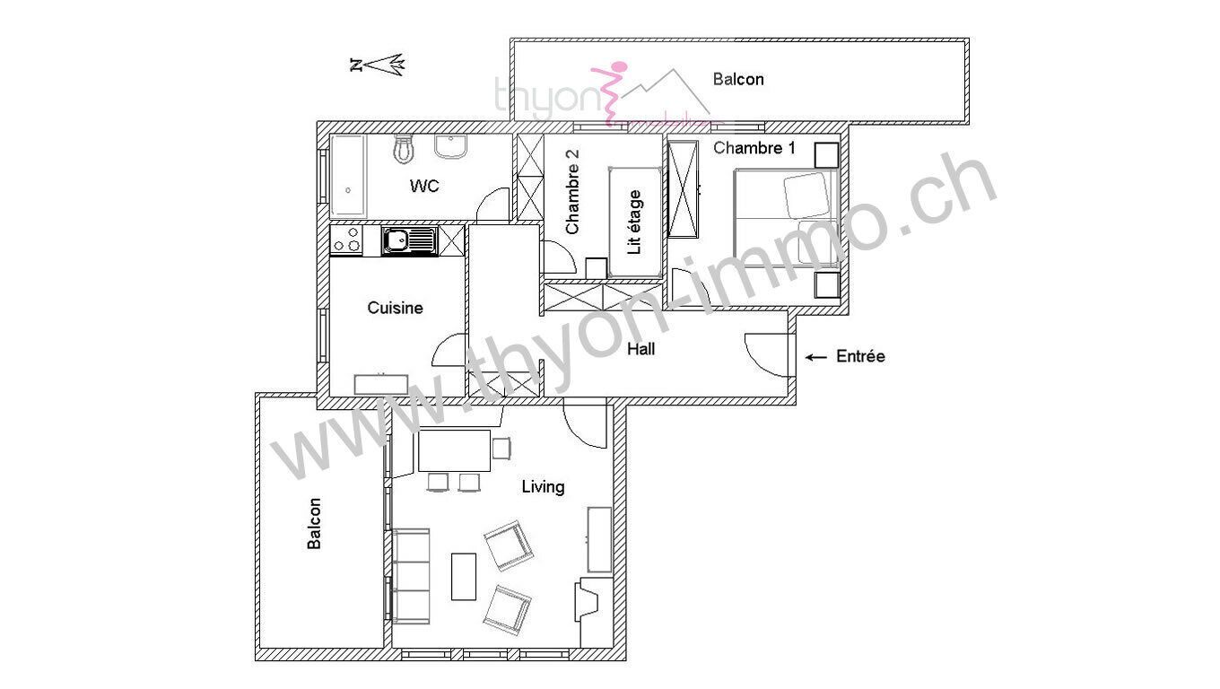 A floor plan of a house with a balcony, a kitchen, a living room, two bedrooms, a bathroom, and a hall.