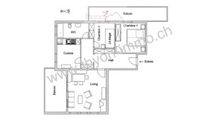 Un plan d’étage d’une maison comprenant un balcon, une cuisine, un salon, deux chambres, une salle de bain et un hall d’entrée.