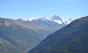 Un paysage montagneux caractérisé par des sommets enneigés et des vallées boisées et luxuriantes.