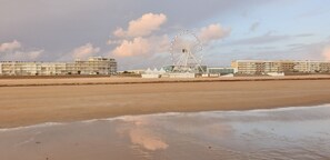 Une plage avec une grande roue et des bâtiments en arrière-plan.