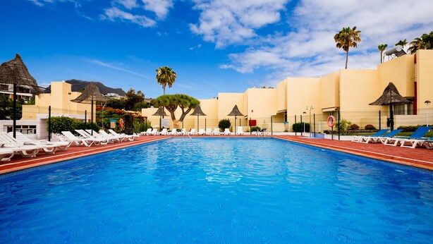 A swimming pool with lounge chairs and palm trees.