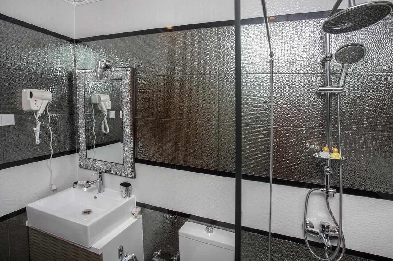 A bathroom with a white sink, a mirror, a hairdryer, and a shower with a handheld showerhead.