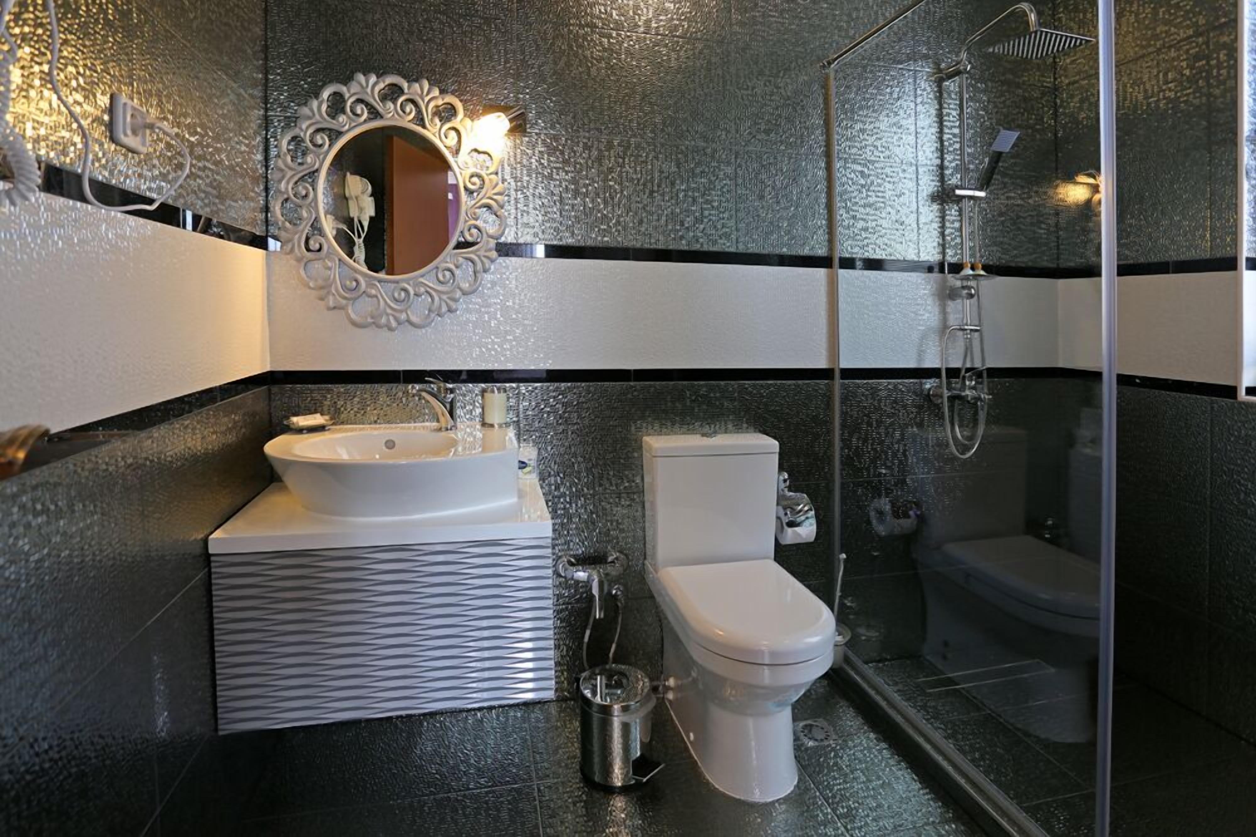A modern bathroom with a white sink, a toilet, and a glass-enclosed shower.