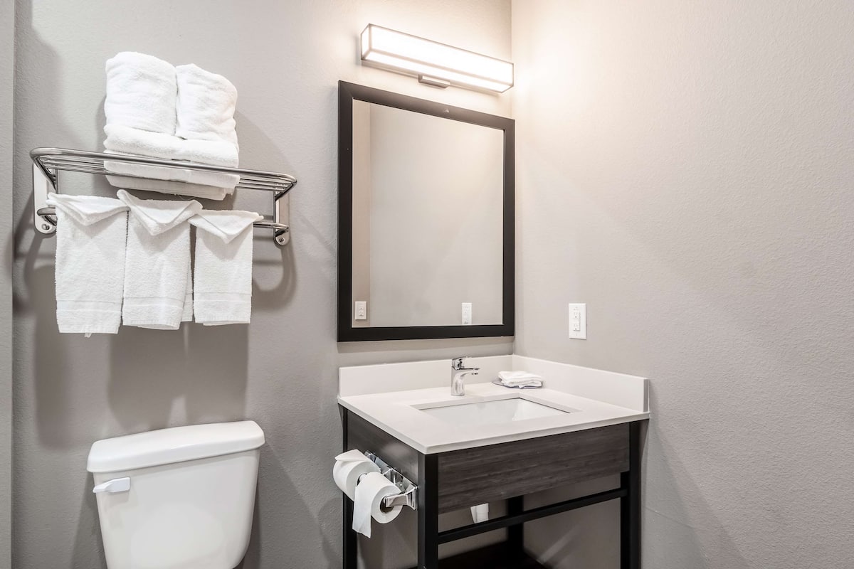 Hair dryer, towels, soap