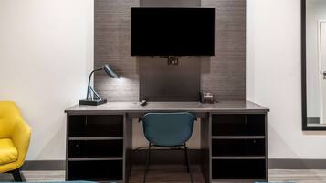 Desk, laptop workspace, blackout curtains, iron/ironing board