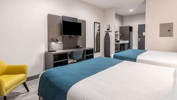 Desk, laptop workspace, blackout curtains, iron/ironing board