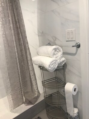 Shower, hair dryer, towels, soap