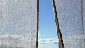 Une vue à travers une fenêtre, avec un rideau à motifs, dévoilant un paysage verdoyant et des collines lointaines.