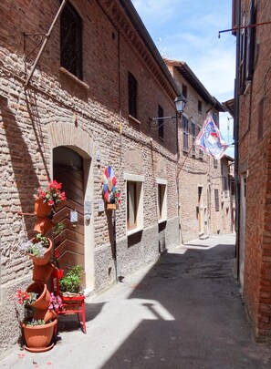 Een smalle straat met bakstenen gebouwen, terracotta potten met bloemen en een vlag.