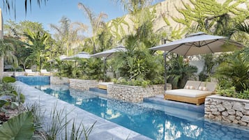Outdoor pool, open 8:00 AM to 6:00 PM, pool umbrellas, sun loungers