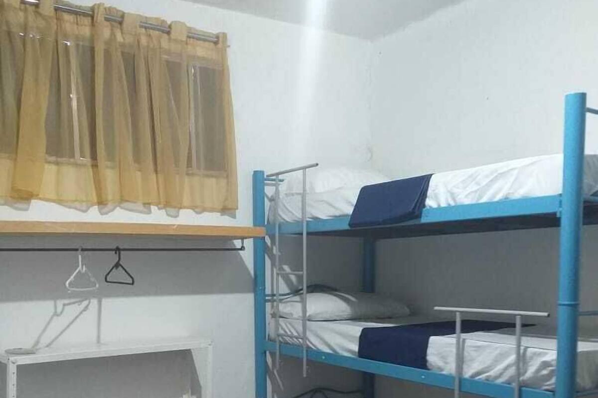 A dormitory room with bunk beds, a small shelf, and a curtain.