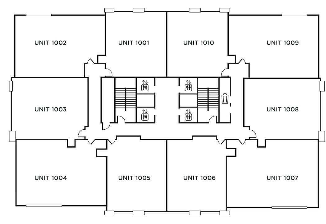 Un plan d’étage comprenant 10 logements, avec un espace central doté d’un escalier et d’une poubelle.