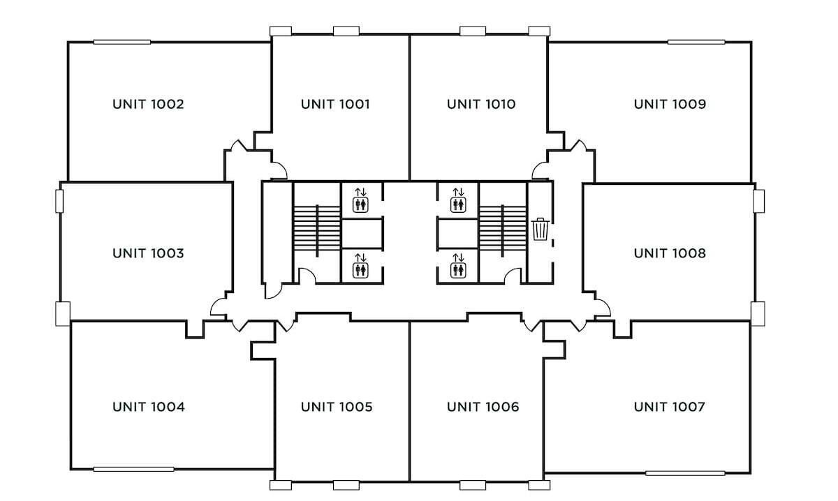 A floor plan with 10 units, including a central area with stairs and a trash bin.