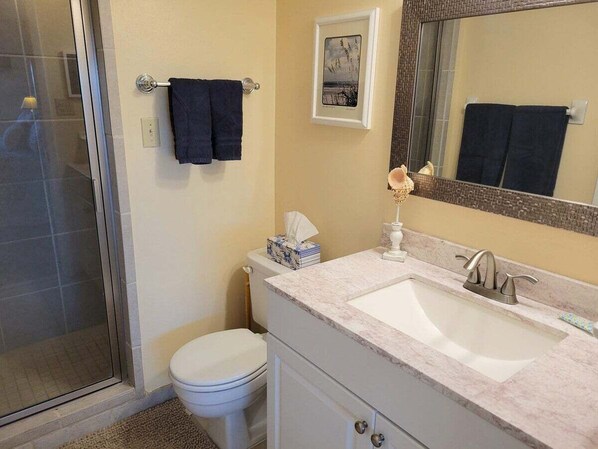 Baño con ducha, inodoro, lavamanos y espejo.