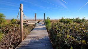 Une promenade en bois mène à un pont suspendu en forme de hamac, qui enjambe une étendue d’eau, le tout étant entouré de végétation.
